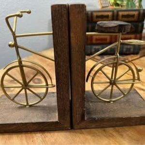 Wooden Bike Decorative Bookends, Set Of 2 Office Bookends w/Brass
